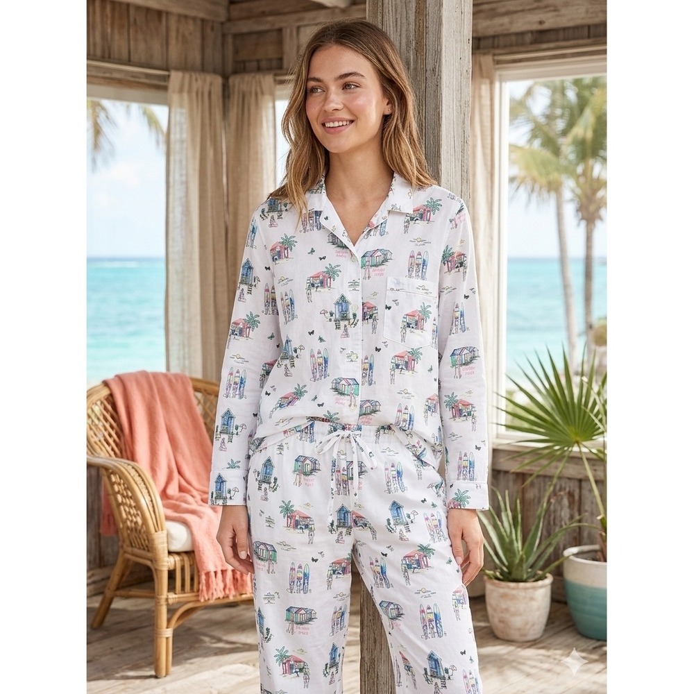 Victorias Secret 100% Cotton Pajama Set Large White Beach Surf Costal Vacation